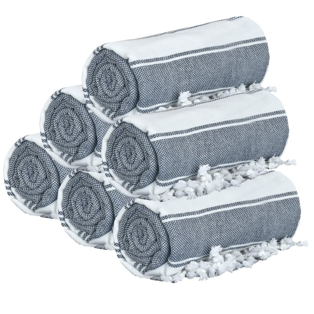 GLAMBURG Toalla de playa turca Peshtemal de algodón de gran tamaño 36 x 71, juego de 6 para adultos, suave, duradera, absorbente, extra grande, toalla de baño Hammam, azul marino