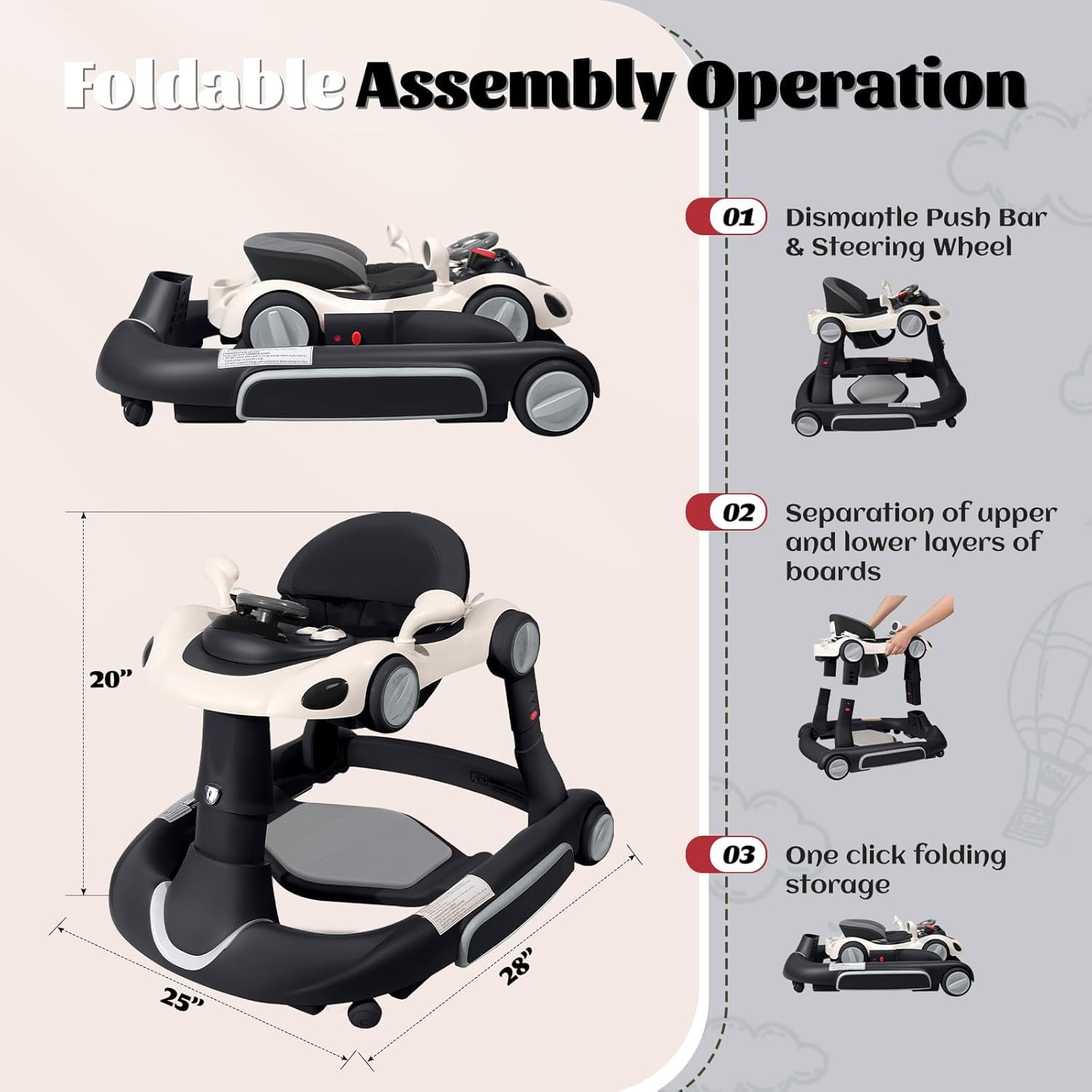 5 in 1 Baby Walker for Boys Girls,Foldable,Music,Light,Jumper,Rocking,Push,Height Adjustable Training Activity for Babies Infant 6-18 Months,Black