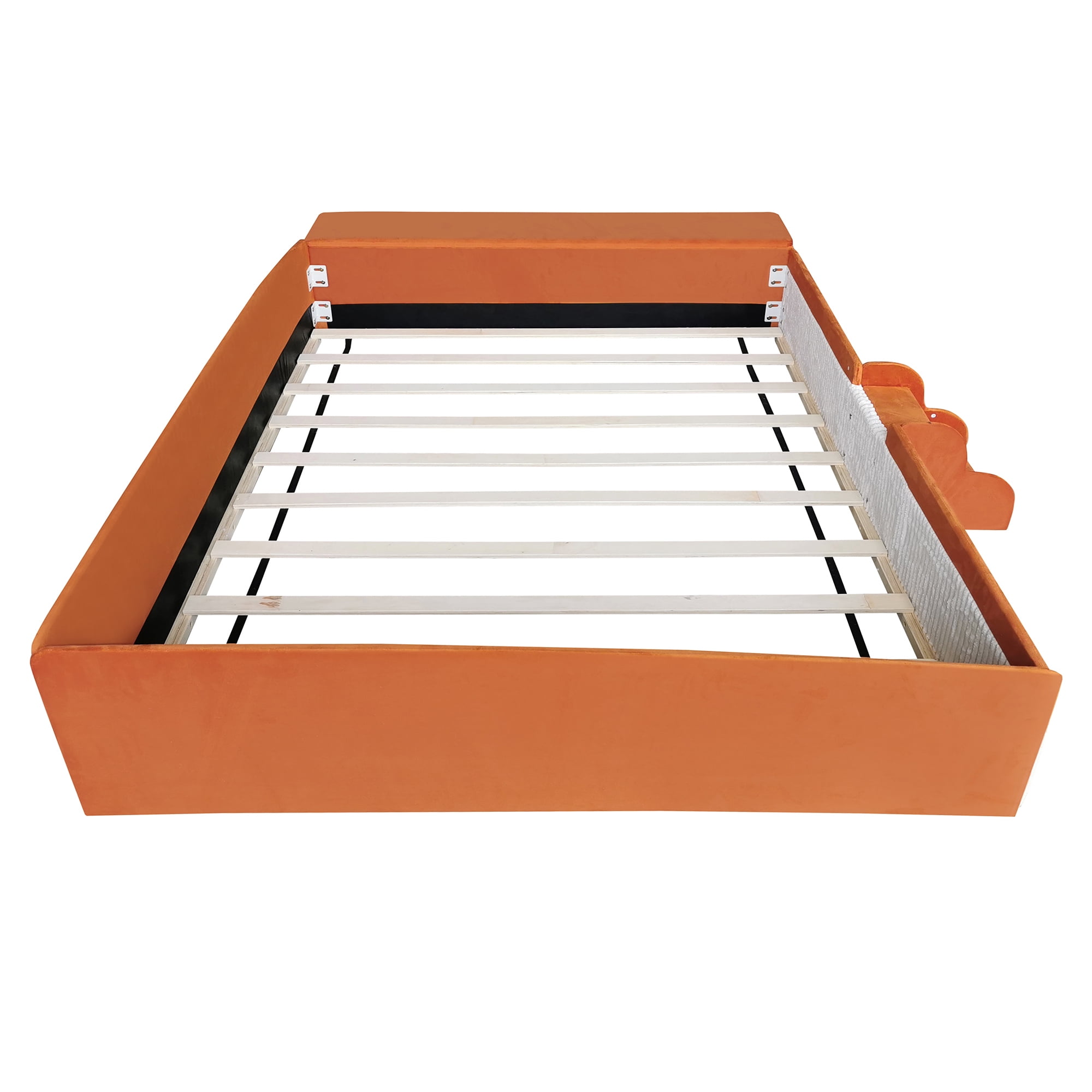 Leumius Queen Size Floor Bed Frame with Stairs & Gas Lift Storage Ottoman, Velvet Upholstered Daybed with Padded Guardrails, Brown+White