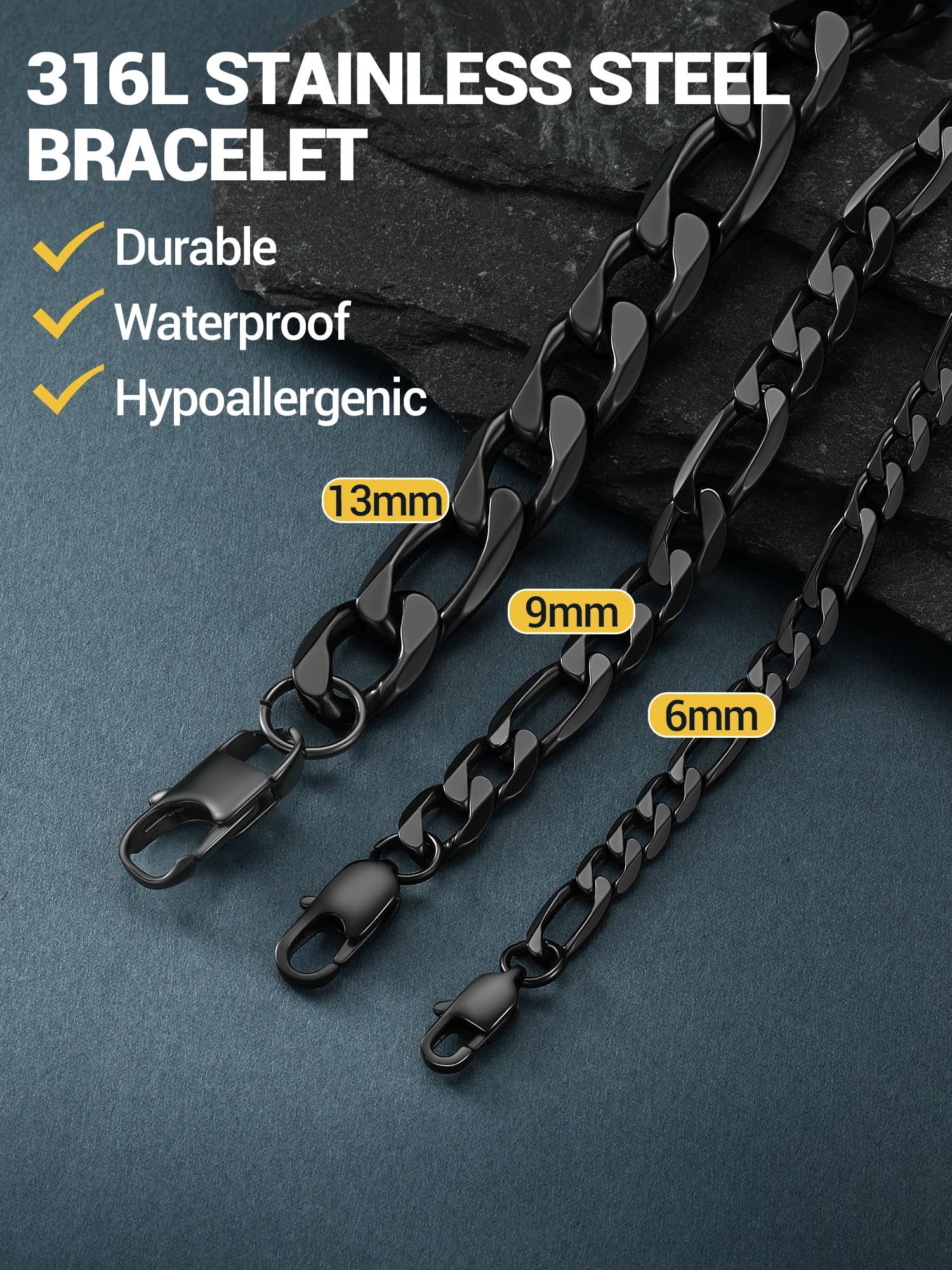 PROSTEEL Stainless Steel Bracelet for Men Women Figaro Black Chain Wrist Link Bracelets 9MM 7.5 inch Birthday Birthday Father Day Jewelry Gift for Him Dad Son Adult Age