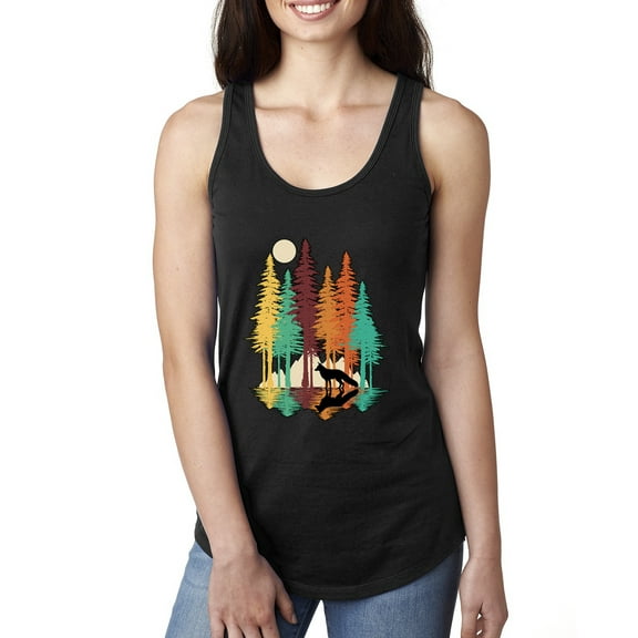 Trippy California Redwoods Forest Fox Silhouette | Womens Fashion Jersey Racerback Tank Top, Black, Small