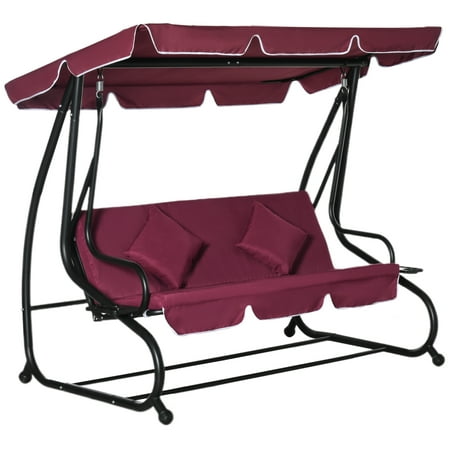 Outsunny 3 Seat Outdoor Free Standing Swing Bench Porch Swing with Stand Comfortable Cushioned Fabric & Included Canopy Red