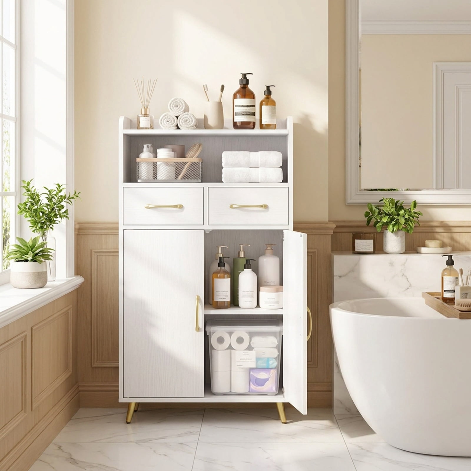 Vebreda Freestanding Bathroom Storage Cabinet, Bathroom Storage Cabinet Freestanding Floor Cabinet with 2 Drawers, Complement Various Rooms