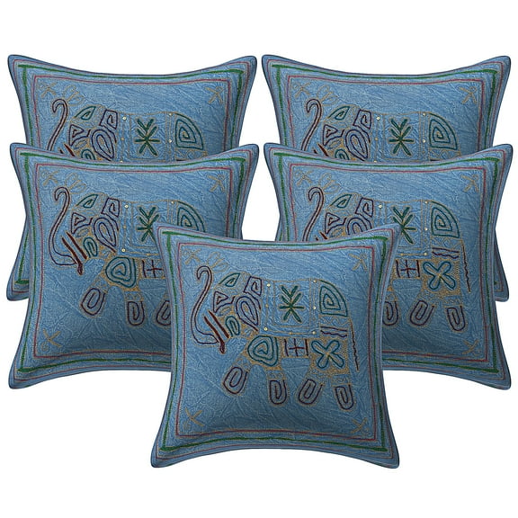 Stylo Culture Ethnic Settee Sofa Throw Pillow Covers 16 x 16 Zari Embroidered Blue Traditional 40cm x 40cm Home Decor Cotton Elephant Square Cushion Covers | Set Of 5