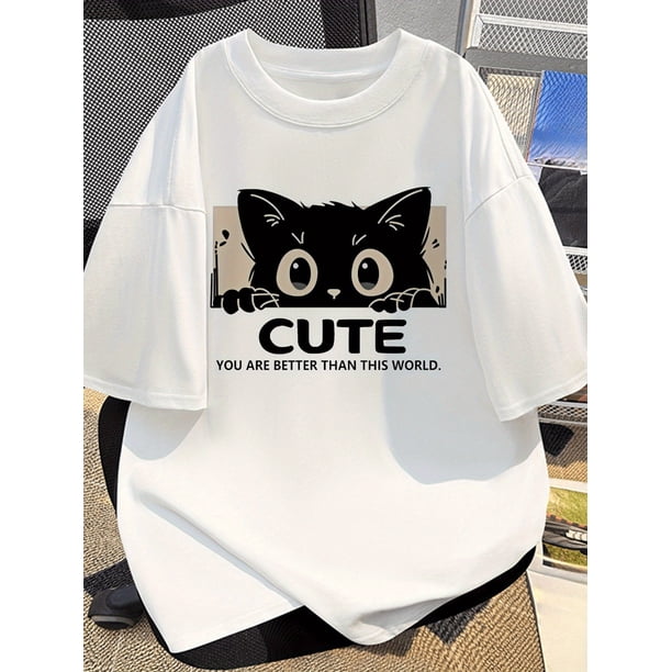 Camiseta con estampado de gato para hombre - "Eres mejor que los que trabajan", cuello redondo informal, manga corta, algodón de verano para uso diario | Estilo informal | Tejido de calidad