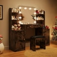 thumbnail image 5 of 53" Makeup Vanity Set with Mirror and Lights, NEORIVER Big Brown Makeup Vanity Desk with Chair and Power Outlet, 3 Color Lighting Modes & Adjustable Brightness for Bedroom, 5 of 9