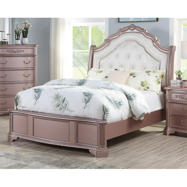 Rose Gold Color Eastern King Size Bed MDF Birch Veneer Faux Leather