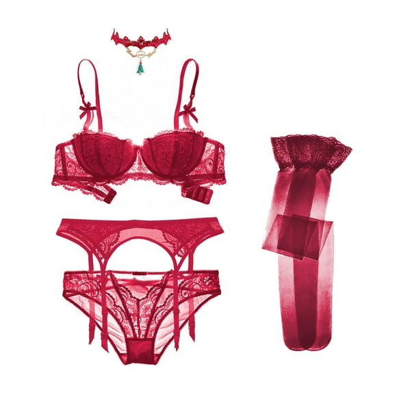 Women Push Up Bras Set Lace Lingerie Bra and Panties and Garter and Stocking and Necklace 5 piece