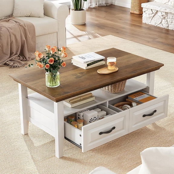 Farmhouse Coffee Table with Storage, 39.4" Wood Center Table for Living Room, Rustic Brown White End Table with 2 Drawers and Open Shelf