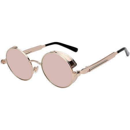 Steampunk Retro Gothic Vintage Gold Metal Round Circle Frame Sunglasses Pink Lens