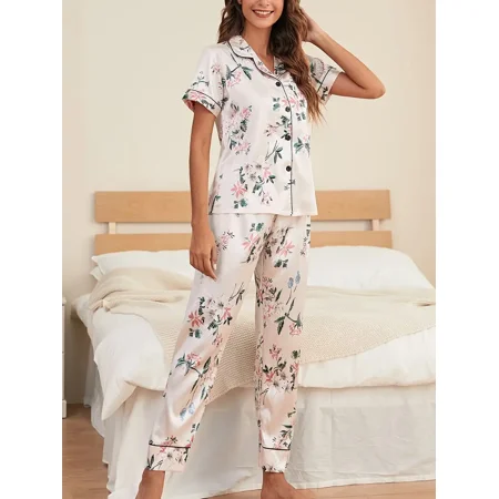

Women‘s Sleepwear Silk Satin Floral Print Short Sleeve Pajamas & Pants Pajama Sets