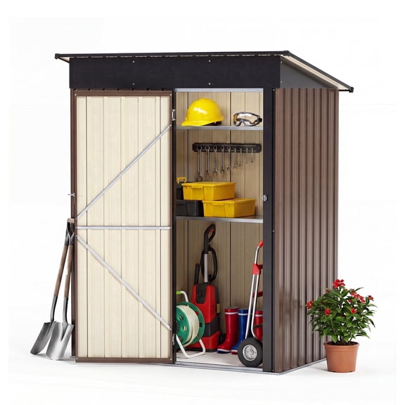 Orithm 5x3 ft Metal Outdoor Storage Shed, Weatherproof Garden Tool Shed with Lockable Double Doors & Air Vents, Outdoor Utility Storage Cabinet for Backyard Lawn Patio,Brown