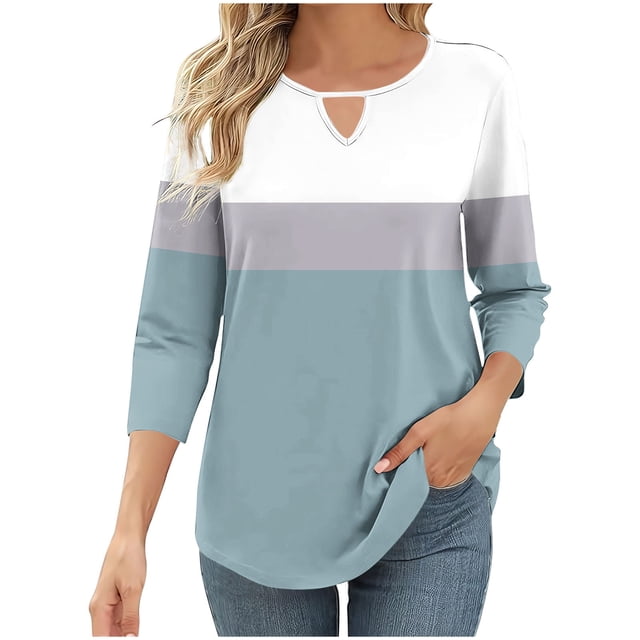 Timegard Womens Tops 3/4 Length Sleeve Keyhole Neck Block Color Blouse Casual Tunic Tops Tee Fashion