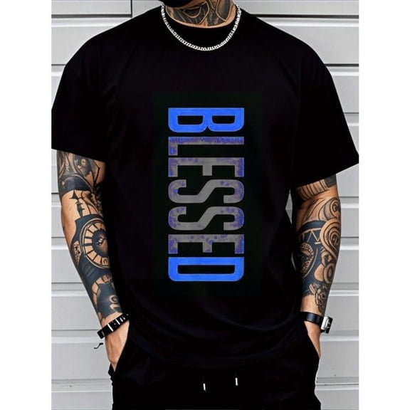 Men's Plus Size Casual Crew Neck T-Shirt - Geometric-Pattern, Smooth Cotton Knit Fabric, Medium Stretch - Short Sleeve Tee for Leisure & Everyday Wear | Breathable Comfort Fit | Machine Washable