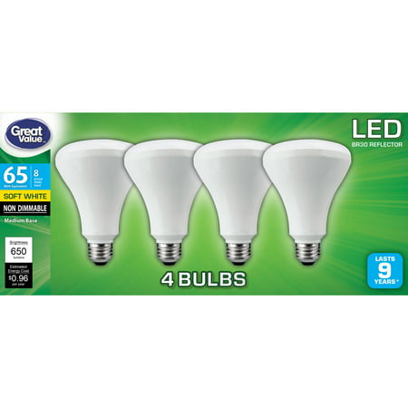 Great Value LED Light Bulb, 8W (65W Equivalent) BR30 Reflector Lamp E26 Medium base, Non-Dimmable, Soft White,