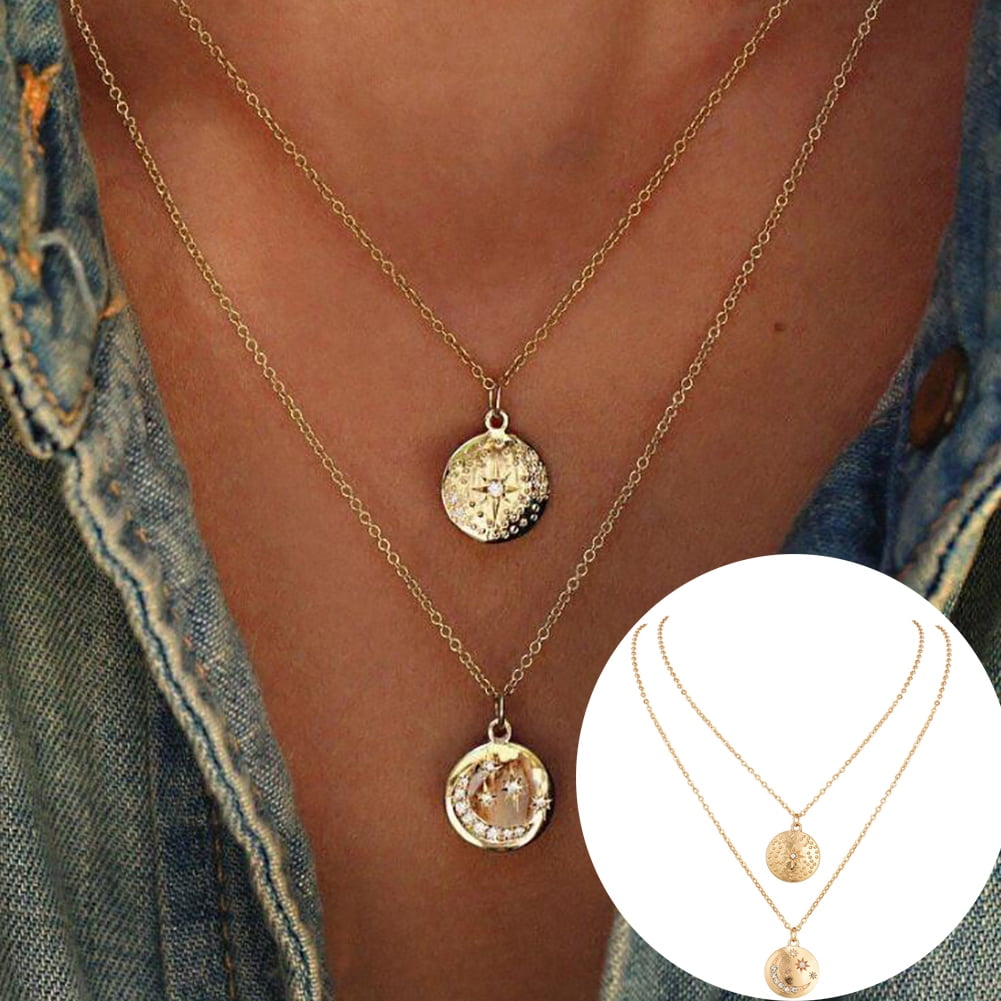 Lady Women Necklace Double Layered Long Chain Double Chains Star Pendent 