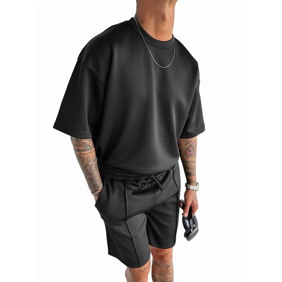 Men's Sets Crew Neck Set Pockets 2 Piece Shirt Shorts Outfit for Summer Black S