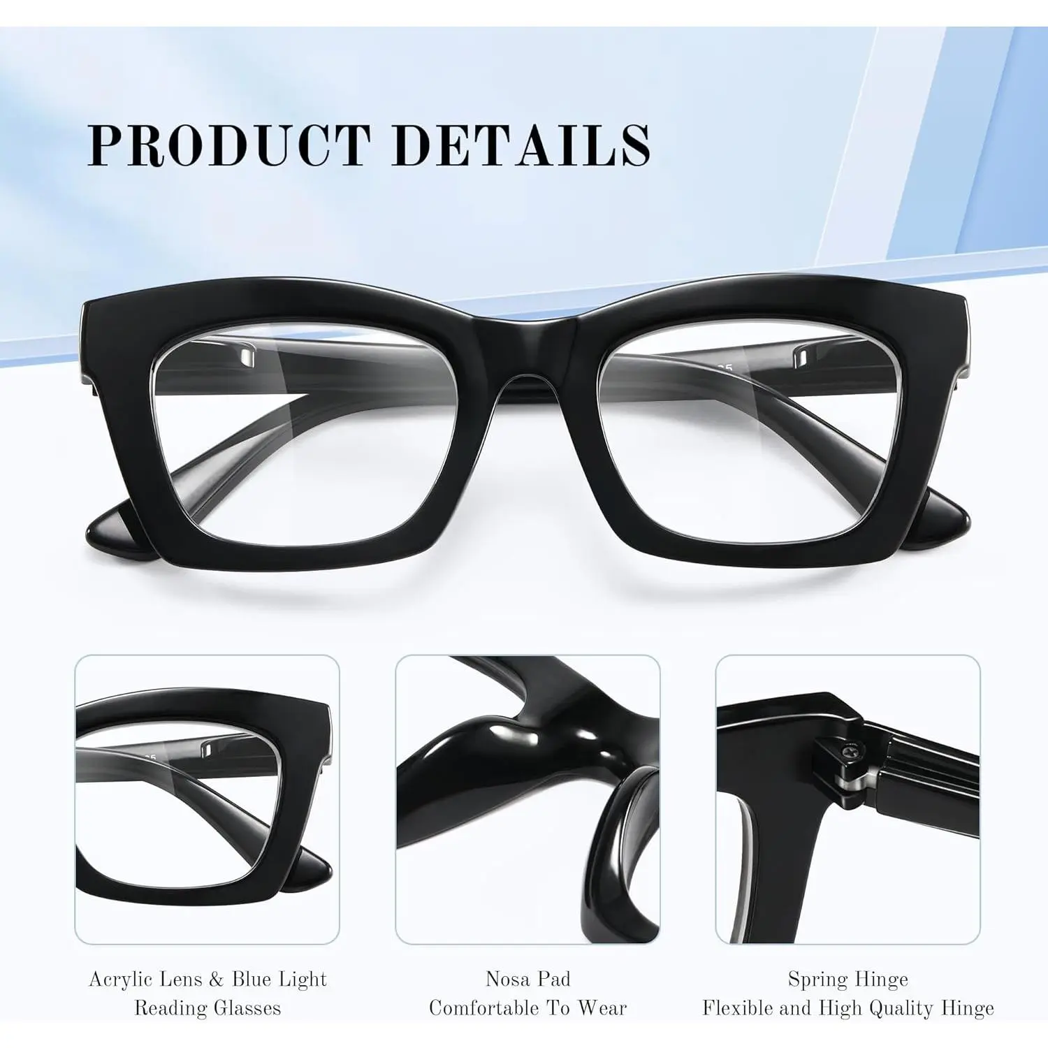 3 Pack Unisex Cat Eye Full Rim Reading Glasses, Oprah Style Oversized Square Blue Light Blocking UV Protection TAC Lens, PA Plastic Lightweight Frame Flexible Spring Hinge Fashion Presbyopia Readers