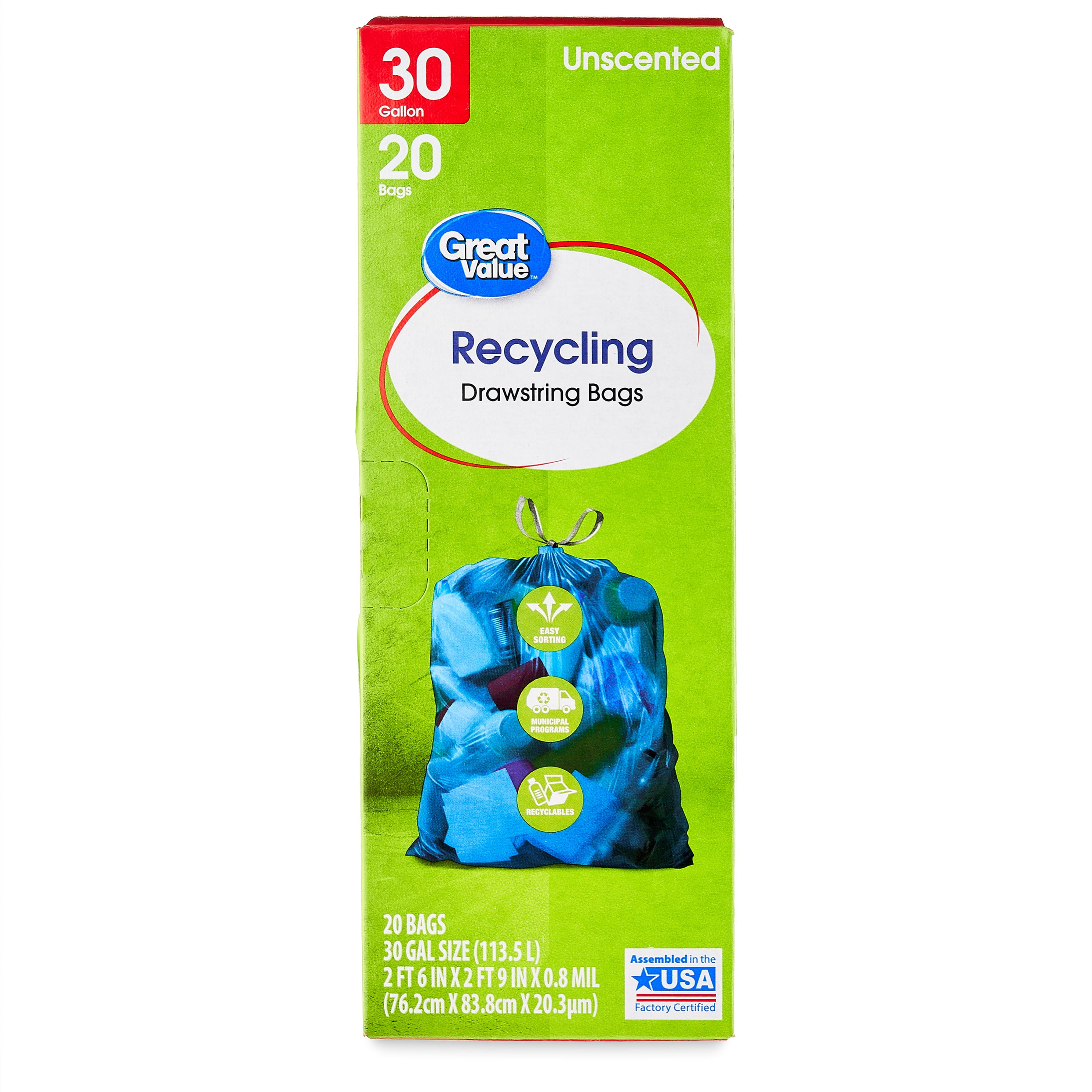 Great Value Blue 30-Gallon Drawstring Large Recycling Bags, Unscented, 20 Count