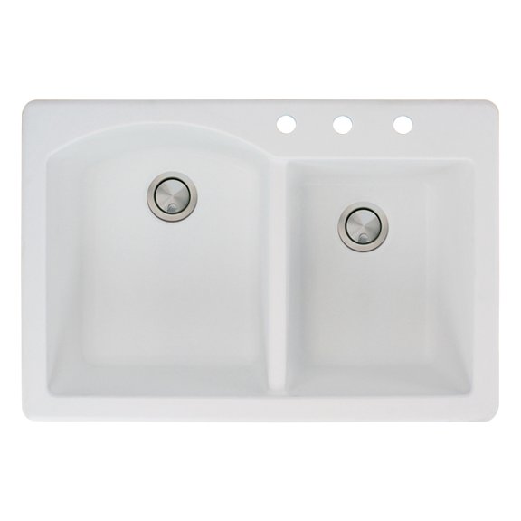 Transolid Aversa 33in x 22in silQ Granite Drop-in Double Bowl Kitchen Sink with 3 BCD Faucet Holes, In White