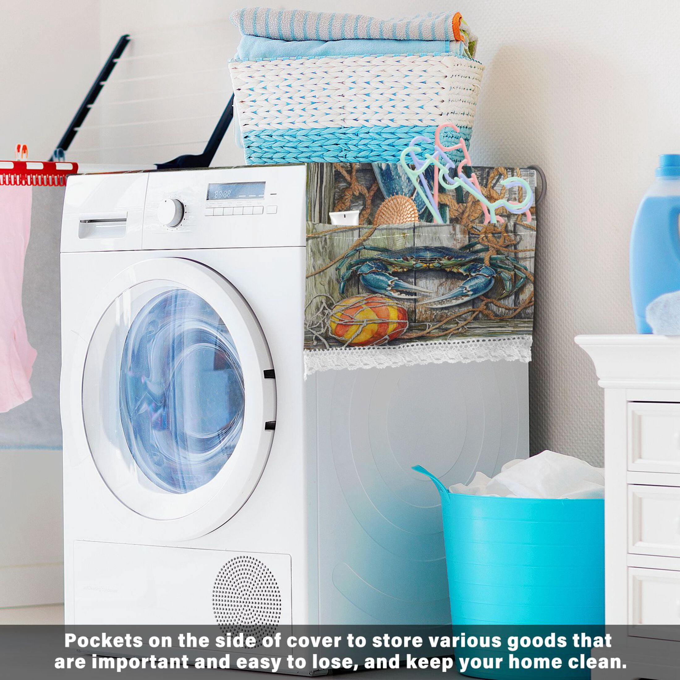 Washing Machine Cover 51.2x22in, Durable Polyester Dust Cover with Lace Trim and Side Pocket for Appliances Blue Crab