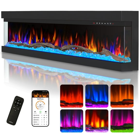 Mexhom 60” 3 Sided Glass Built-in Electric Fireplace - Multi-Color Flames, Heater, DIY Crystal & Log Set, Smart App & Remote Control