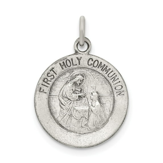 Solid 925 Sterling Silver Vintage Antiqued First Holy Communion Pendant Charm Medal - 20mm x 15mm