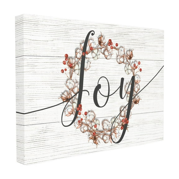 The Stupell Home Decor Collection Minimal Cotton and Berries Joy Wreath White Planked Typography XXL Stretched Canvas Wall Art, 30 x 1.5 x 40