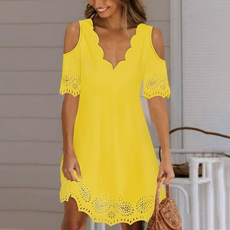 Usdian Graduation Dress V-Neck Short Sleeve Lightweight Plus Size Dresses Beach Dresses Floral Dresses Trendy Solid for Women Yellow S Low price clearance sale