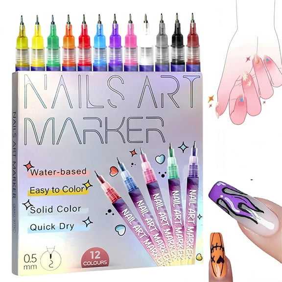 DIY Gel Nail Art Tools: 0.5mm Fine Tip| Quick-Dry 3D Nail Polish Pens for Drawing Dotting Lining(12 Color)