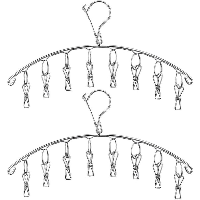 QPENWEI Paquet de 2 Séchoir à Linge en Acier Inoxydable avec Crochet Coupe - Vent, Porte - Linge, Porte - Manteau avec 8 Clips pour sécher Les Chaussettes, Serviettes, Couches, vêtements pour bébés, G
