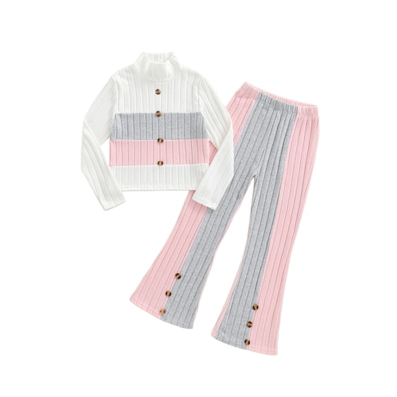 Cjfdfy Toddler Baby Girls Fall 2 Pieces Outfit Big Girls Spring Fall Winter Clothes 5 6 7 8 9 1 0 11 12 13 Years Decorative Buttons Mock Neck Long Sleeve Ribbed Shirt Tops and Flared Pants Set