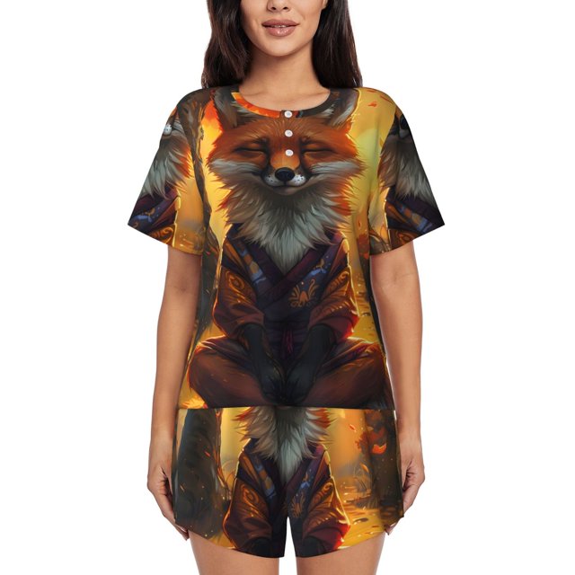 Fotbe Sunset Maple Tree Fox Conjunto de Pijama Estampado para Mujer, 2 Piezas, Ropa de Dormir con Camiseta de Manga Corta y Shorts Suaves-XX-Large