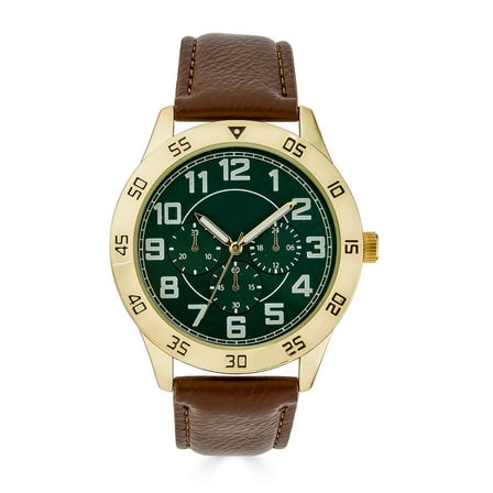 George Men's 44mm Gold Tone Green Dial Easy Read Brown Strap Watch