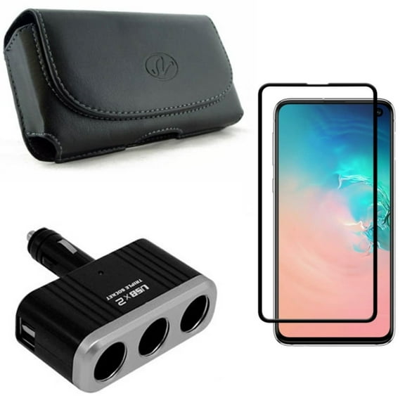Galaxy S10e Case Belt Clip w Car Charger w Screen Protector - Leather Holster Cover, Splitter 3-Port DC Socket, Tempered Glass 5D Curved Edge for Samsung Galaxy S10e Phone