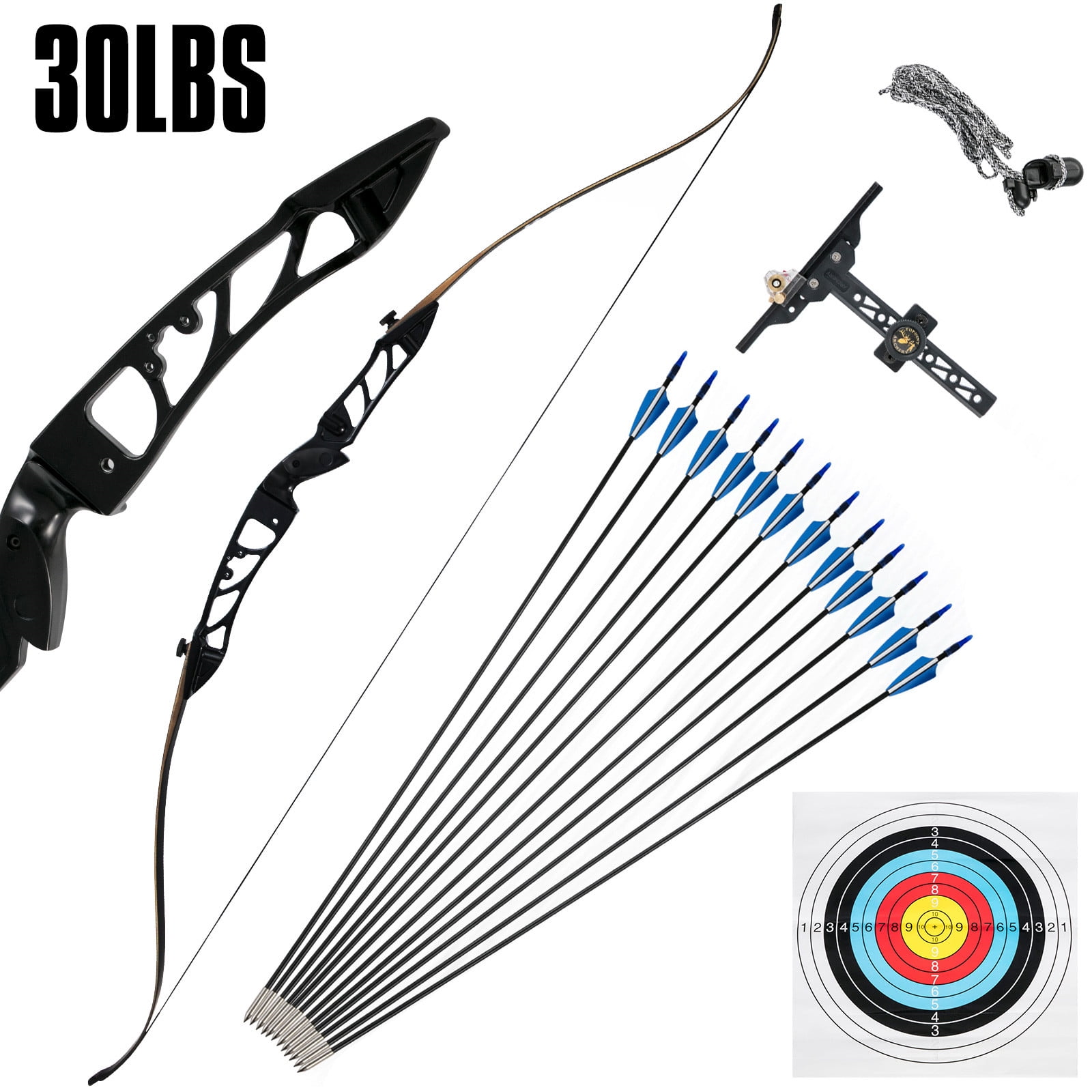 30-70lbs Archery Recurve Bow Longbow Sets Hunting Target & 12*Arrowsheads Camo 