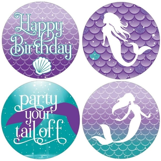 Mermaid Birthday Party Large Round Labels - 40 Stickers - Distinctivs