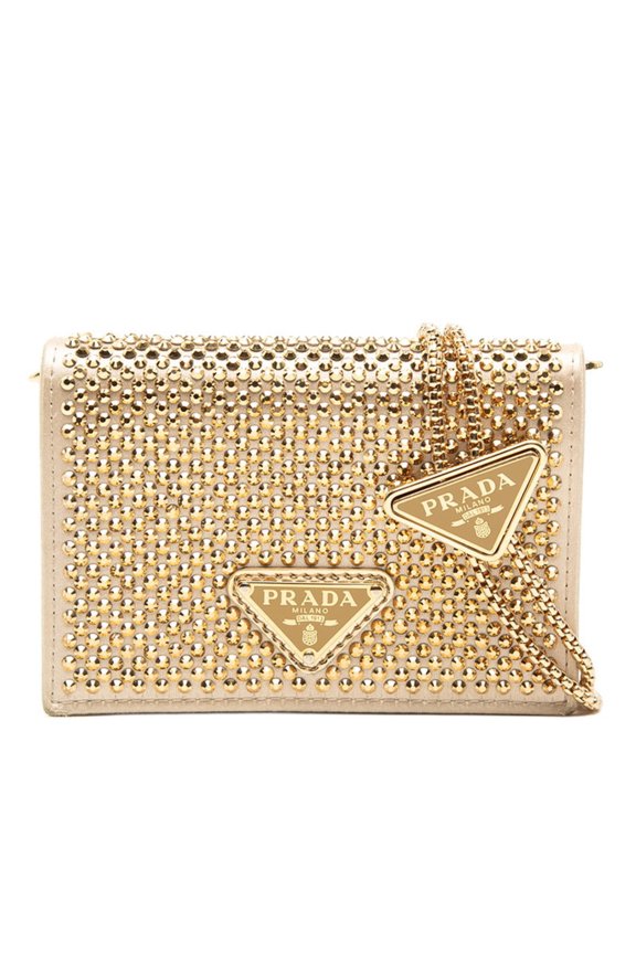 Pre-Owned Prada Triangle Logo Plate Mini Chain Shoulder Bag 1MR024 Gold Beige Satin Crystal...