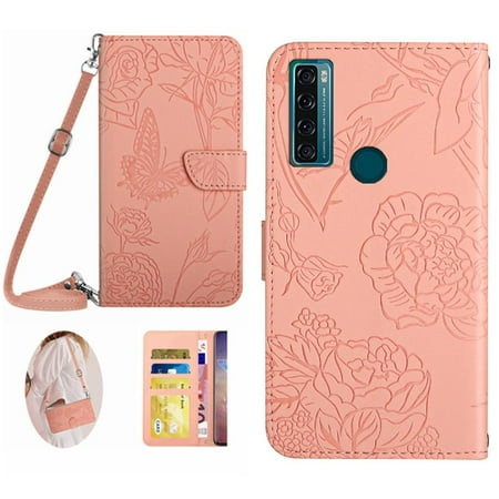 Case for TCL 20 SE Phone Case With Card Holder & Long Strap Butterflies And Flowers Leather Wallet Soft PU Leather
