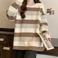 thumbnail image 2 of Womens Sweatshirt Stripe Long Sleeve Crew Neck Pullover Casual Blouses Retro Top Khaki XL YIWEI, 2 of 11