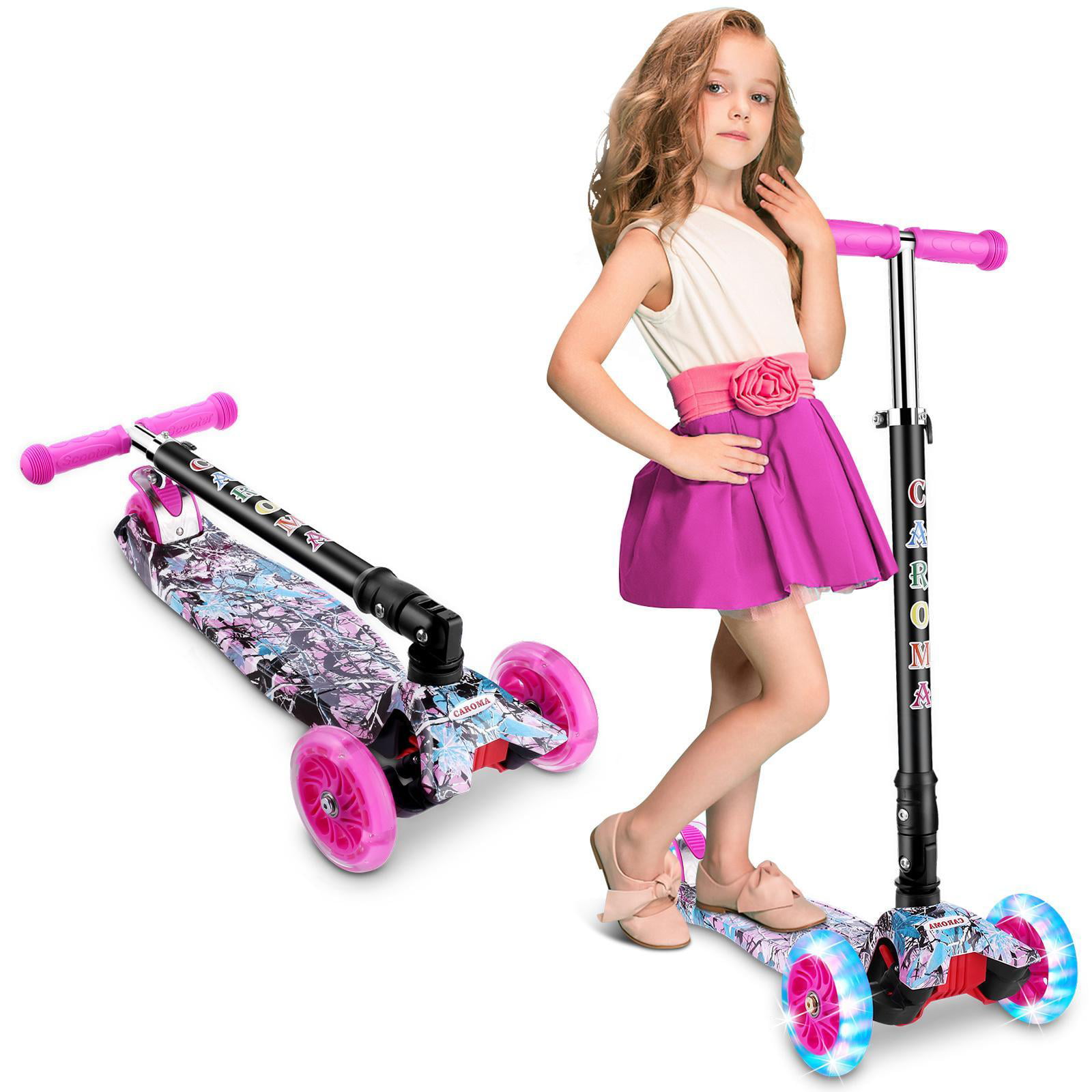 Window-pick@BB Folding Children Scooter 3 Wheel Kick Scooter with One Second Folding with Music Multi-Function Graffiti Flash 4 Height Adjustable Scooter for Children from 2 to 14