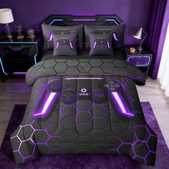 Manfei Neon Gamepad Twin Bedding Sets 7-Piece,Modern Geometric Honeycomb Bedding Comforter Set 7-Piece,Purple Black Sheet Sets For Boys Kids,Super Cozy Bedroom Decor Reversible