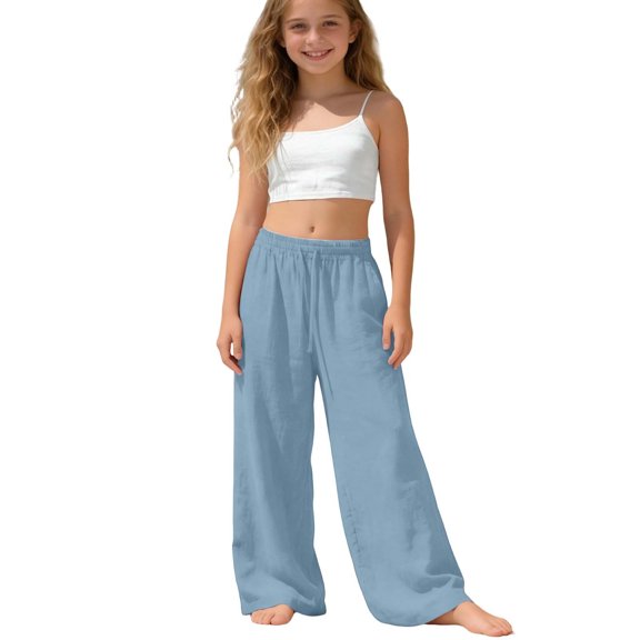 ITSAME Girls Cotton Wide Leg Pants High Waist Drawstring Breathable Loose Casual Pants for Kids Light Blue Size 5T