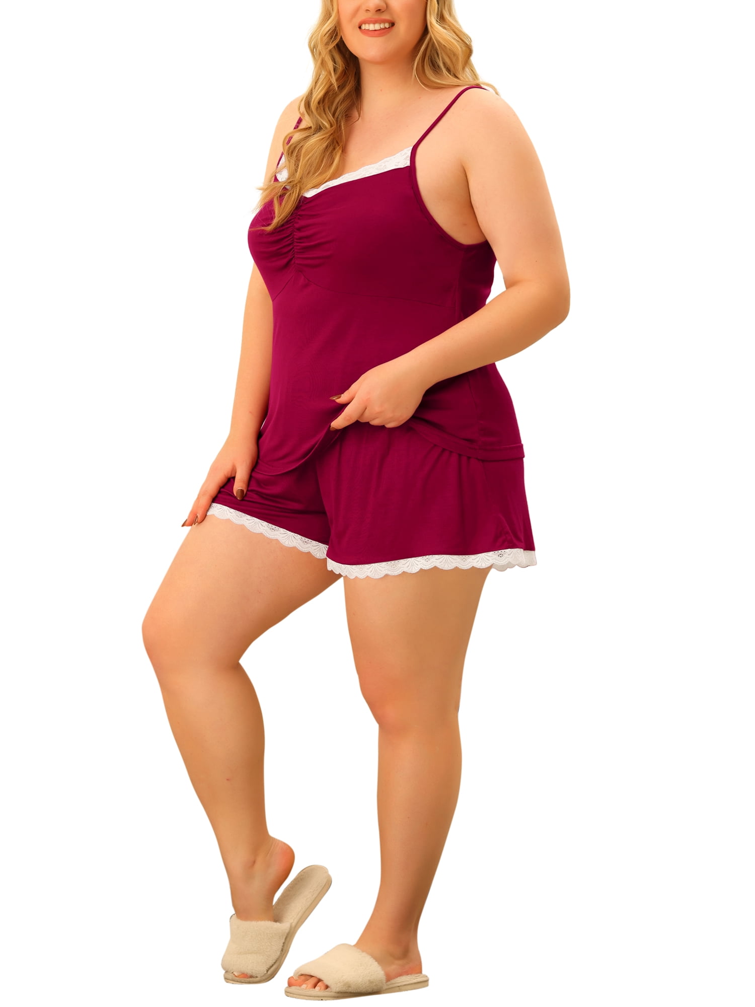 Unique Bargains Women's Plus Size Pajama Contrast Color Cami Lace Trim Sleepwear Sets