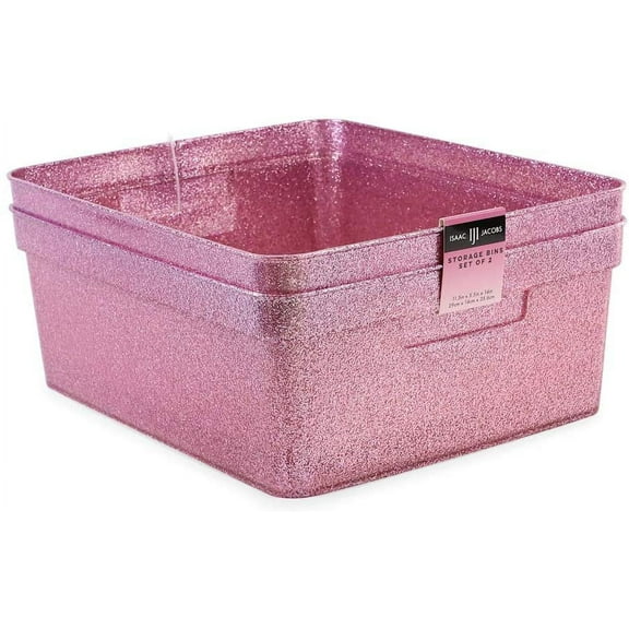 Isaac Jacobs Medium Glitter Storage Bin 14 x 11.5 x 5.5 Set w/Cut-Out Handles, Plastic Organizer, Multi-Functional, Home Storage Solution, Kids Playroom, Bedroom, Closet 2, Pink