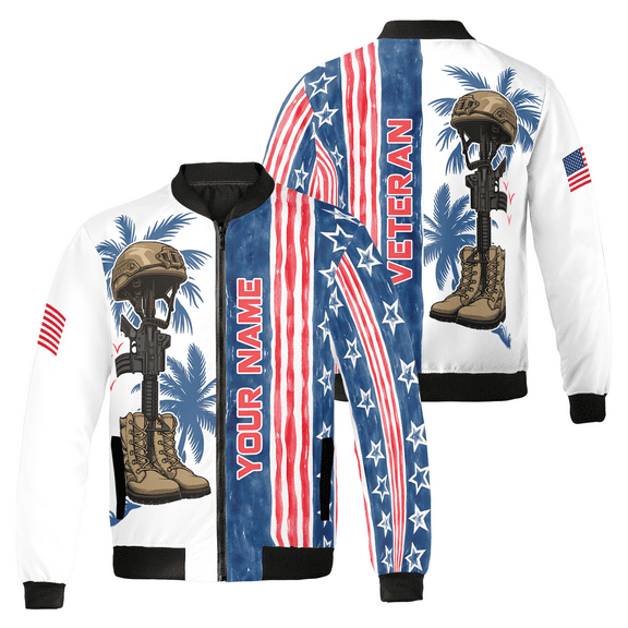 Custom Veterans Day Bomber Jacket – Battle Cross Design for Veterans – Memorial Day - Personalized Military Tribute with Name