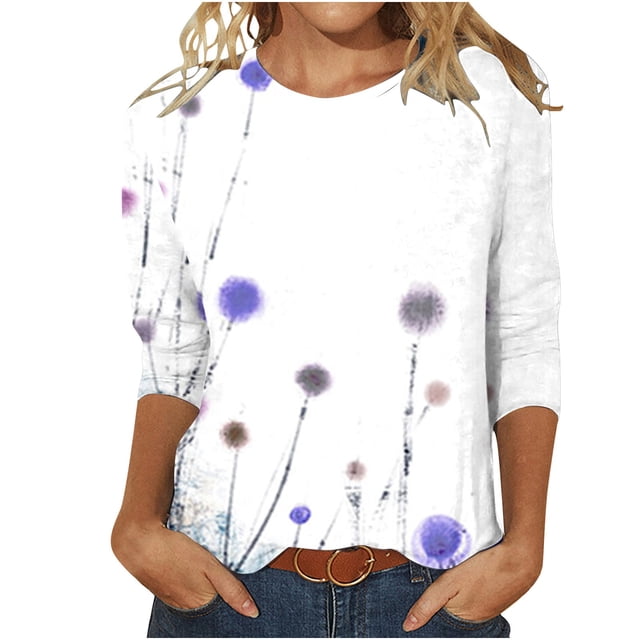 Meichang Haut à Manches 3/4 pour Femmes Style Décontracté Mode T-Shirt Floral Léger Doux Col Rond Pull Chemises Ample Extensible T-Shirt de Vacances pour Femmes
