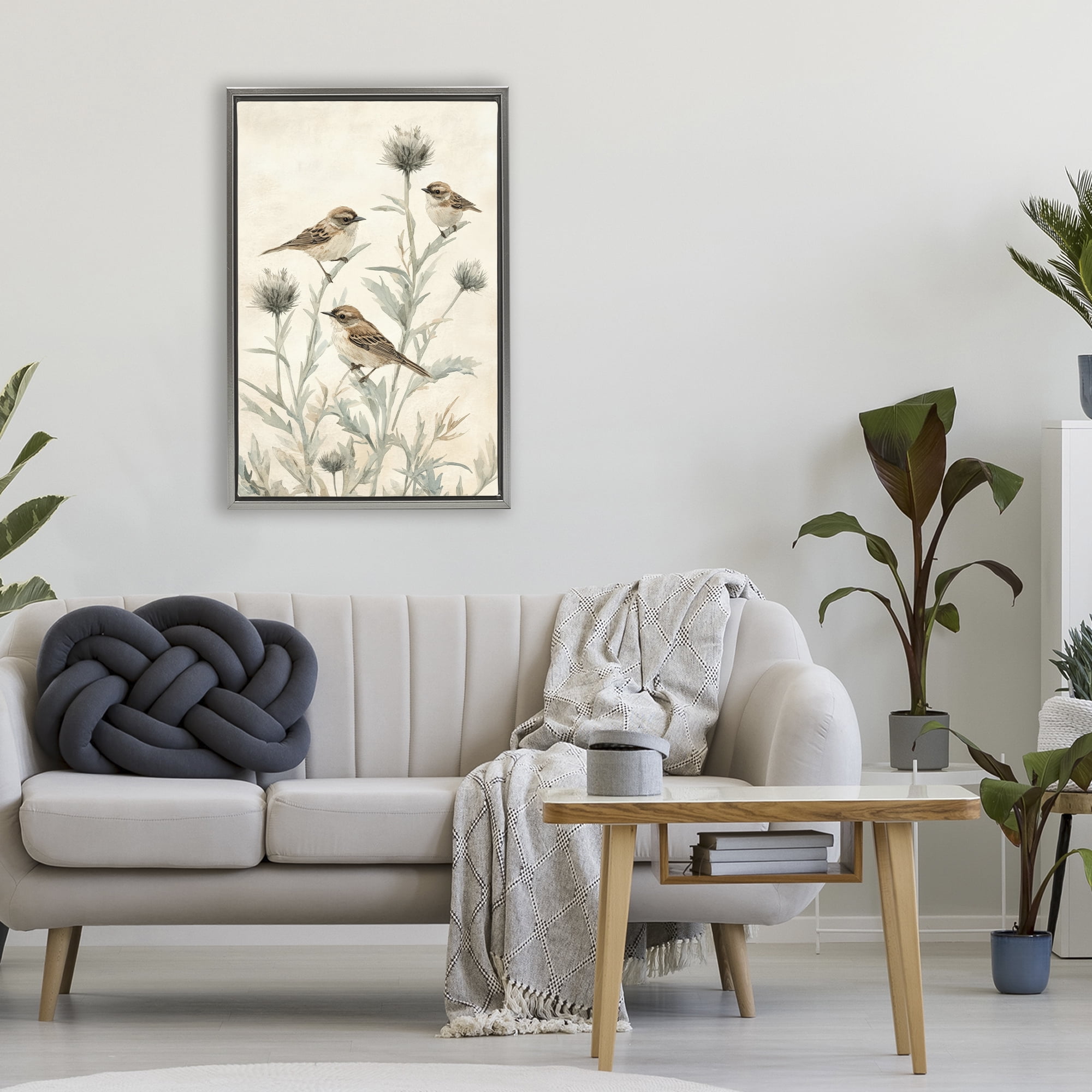 Stupell Industries Sparrows on Thistle Stems Gray Framed Floater Canvas Wall Art, design by Petal Prints Design
