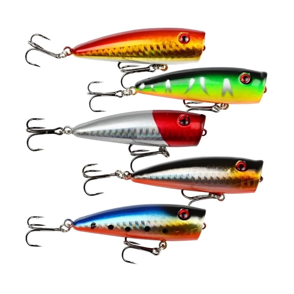 BESTSKY 5pc 7cm Fishing Topwater Floating Popper Bait Lures with Hooks for Bass Trout, Freshwater Saltwater Fishing Gear
