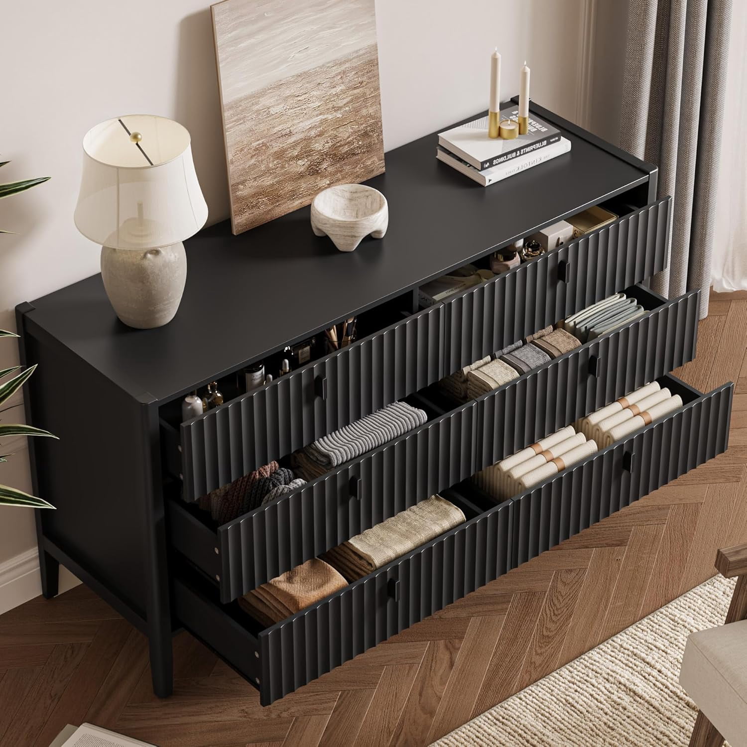 FURNIWAY Black 6 Drawer Dresser for Bedroom, Modern Wood Dresser, Fluted Design Double Chest of Drawers with Wood Legs, TV Stand Storage Cabinet for Bedroom, Living Rooms, Offices, and Entryways